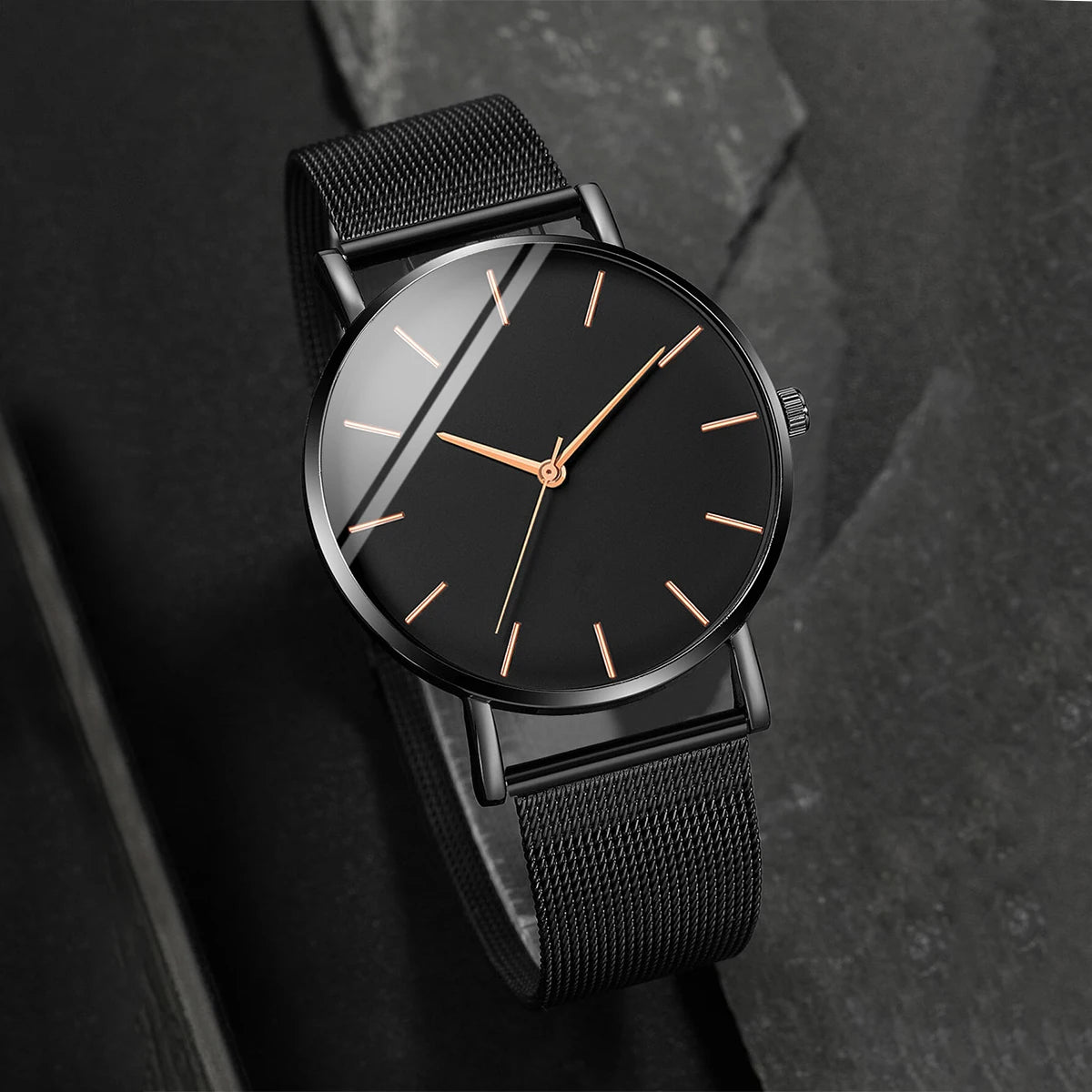 Fashion Men Business Watch is a stylish and ultra-thin quartz watch designed for modern men. Featuring a premium stainless steel mesh belt, it offers a perfect combination of elegance, comfort, and durability for business or
