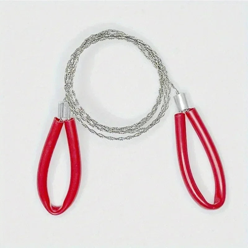 1pc Stainless Steel Wire Saw with leather cover is a compact survival tool for camping, hiking, and outdoor adventures. Strong and lightweight design helps cut wood, plastic, and small branches easily during emergency or wild