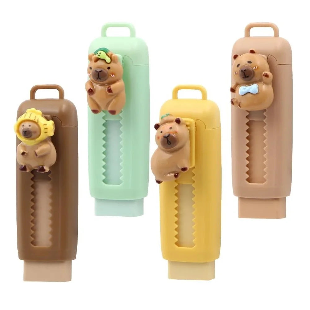 1/4pcs Capybara Erasers Set features cute cartoon capybara designs with smooth 4B retractable erasers. Perfect for drawing, exams, school, and everyday stationery use for kids and students.