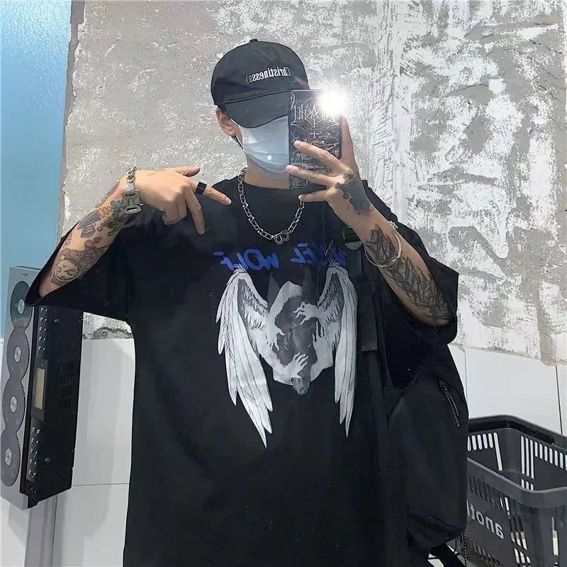 Men’s Gothic Skull T-Shirt features a stylish oversized streetwear design with dark anime and Y2K fashion vibes. Comfortable short sleeves and loose fit make it perfect for casual wear, summer outings, and everyday style