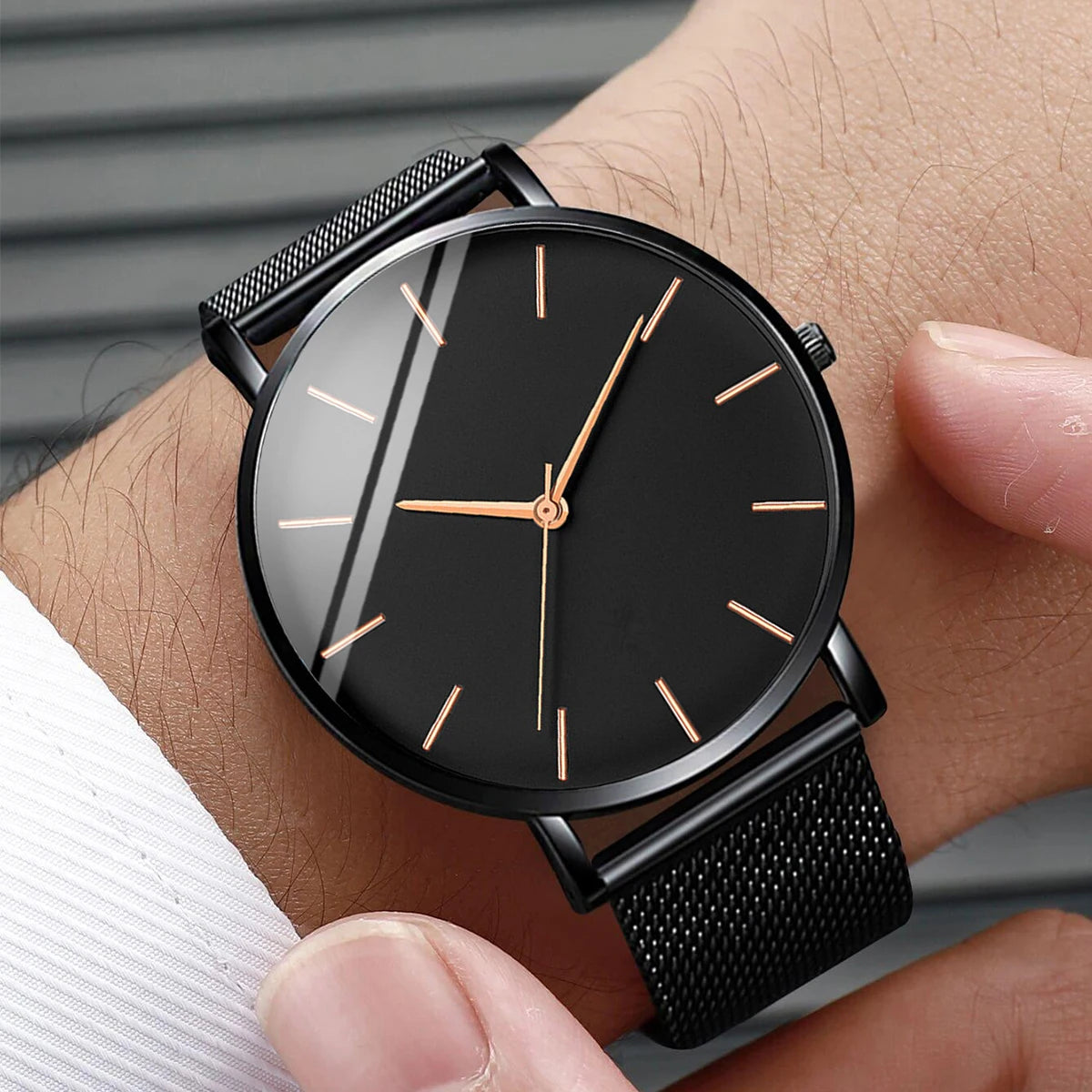 Fashion Men Business Watch is a stylish and ultra-thin quartz watch designed for modern men. Featuring a premium stainless steel mesh belt, it offers a perfect combination of elegance, comfort, and durability for business or