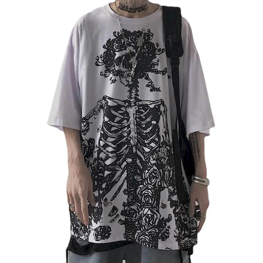 Men’s Gothic Skull T-Shirt features a stylish oversized streetwear design with dark anime and Y2K fashion vibes. Comfortable short sleeves and loose fit make it perfect for casual wear, summer outings, and everyday style