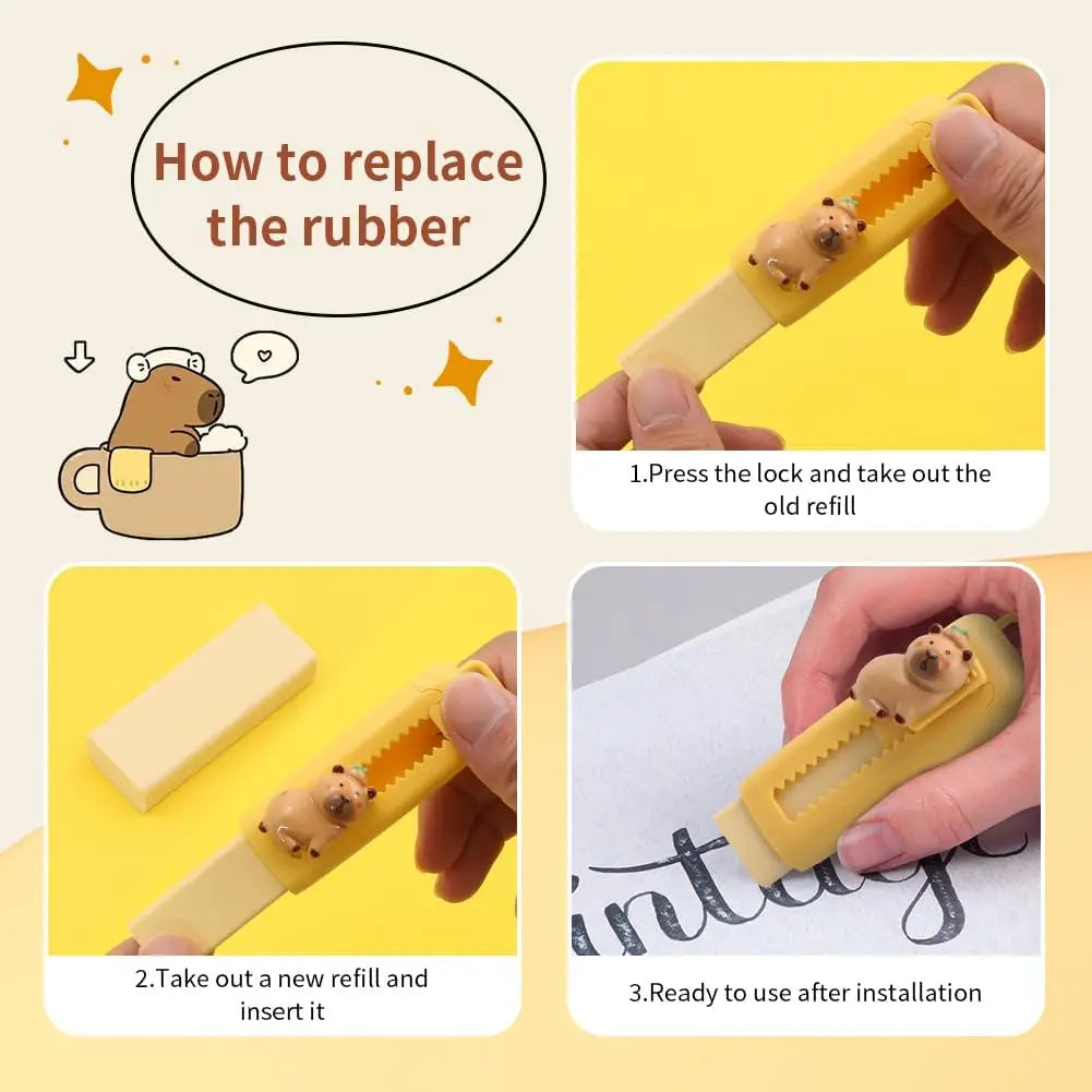 1/4pcs Capybara Erasers Set features cute cartoon capybara designs with smooth 4B retractable erasers. Perfect for drawing, exams, school, and everyday stationery use for kids and students.