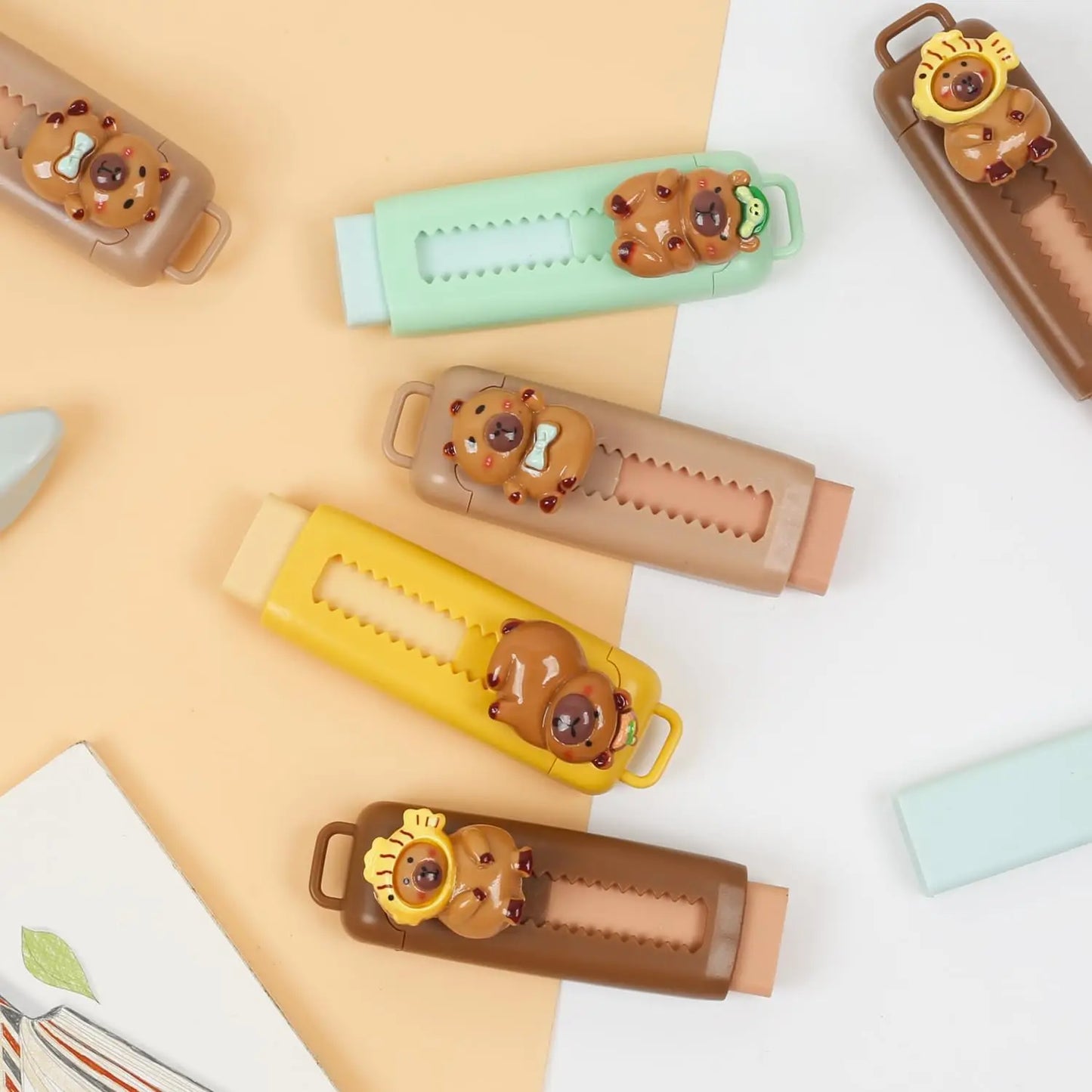 1/4pcs Capybara Erasers Set features cute cartoon capybara designs with smooth 4B retractable erasers. Perfect for drawing, exams, school, and everyday stationery use for kids and students.