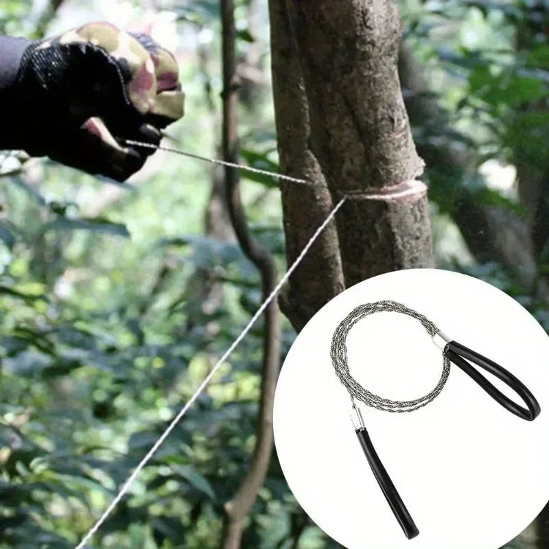 1pc Stainless Steel Wire Saw with leather cover is a compact survival tool for camping, hiking, and outdoor adventures. Strong and lightweight design helps cut wood, plastic, and small branches easily during emergency or wild