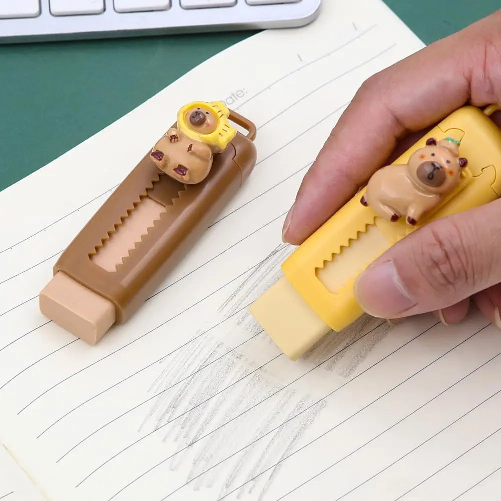 1/4pcs Capybara Erasers Set features cute cartoon capybara designs with smooth 4B retractable erasers. Perfect for drawing, exams, school, and everyday stationery use for kids and students.
